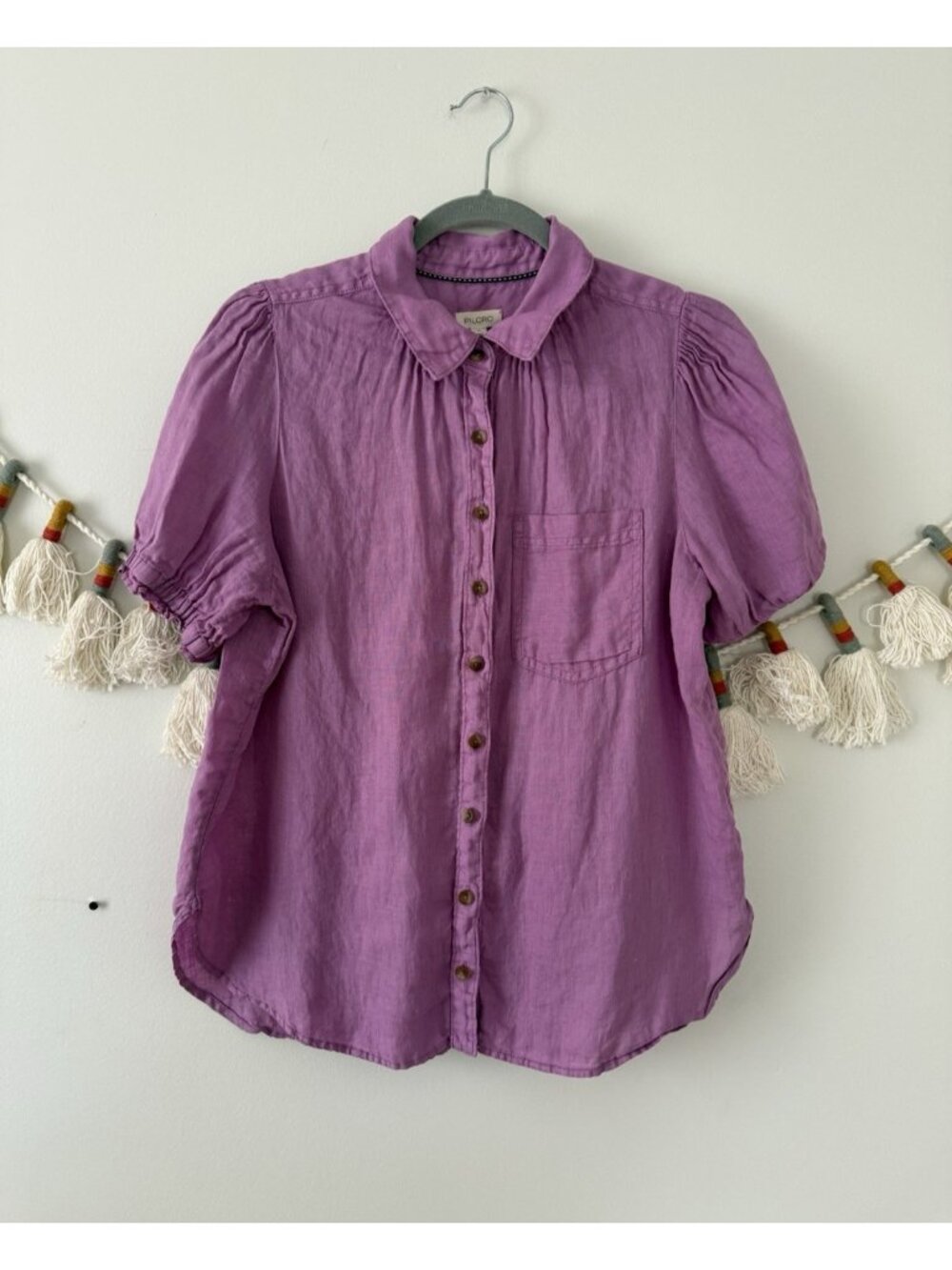 Anthropologie Pilcro Aly 100% Linen Puff Sleeve Top Spring Crocus Purple Cottage